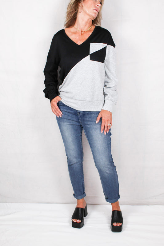 M4912AF75-G - Grey / Black - Asymmetric Color Black Drop Shoulder Top A2186 - Pack