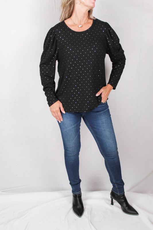 HK50097W-B - Black - Puff Shoulder Printed Knit Top A1395 - Pack