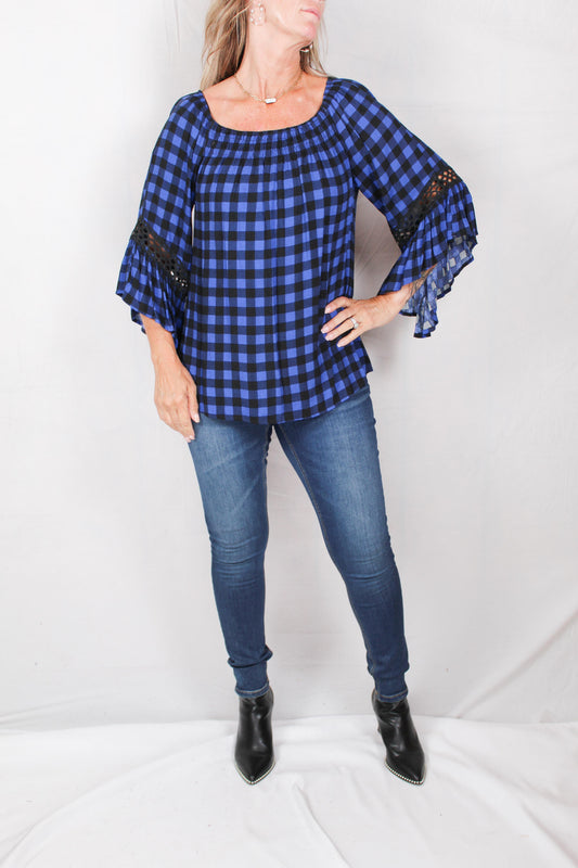 150967-B - Blue / Black - Check Blouse Lace Sleeve A1500 - Pack