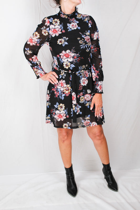 EF148AB03-B - Black Floral - Tie Side Long Sleeve Dress A1558 - Pack