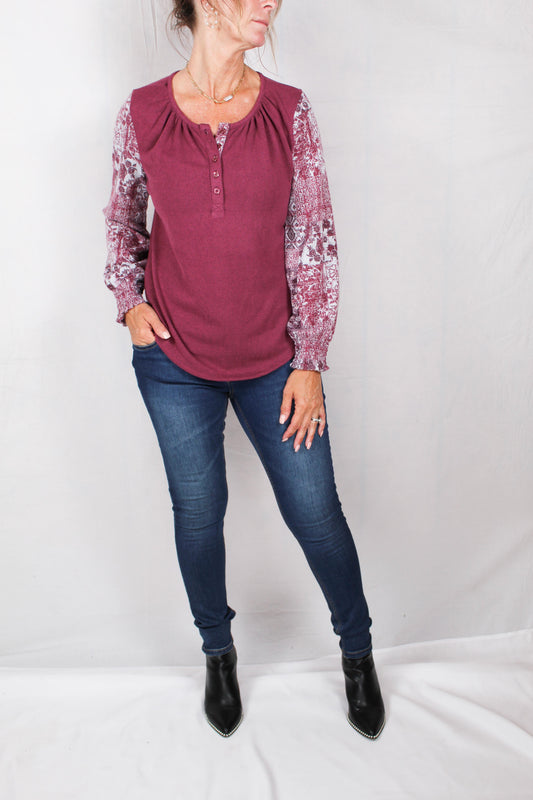LF468AF75-P - Plum - Long Sleeve Drop Shoulder Hacci Henley Top A2166 - Pack