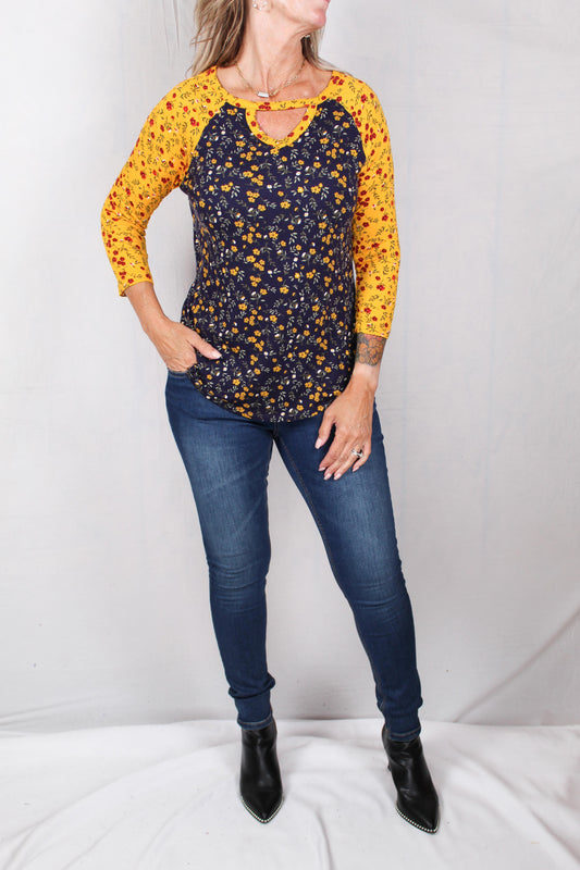MY40142-N - Navy / Yellow - Long Sleeve Print Top A1576 - Pack