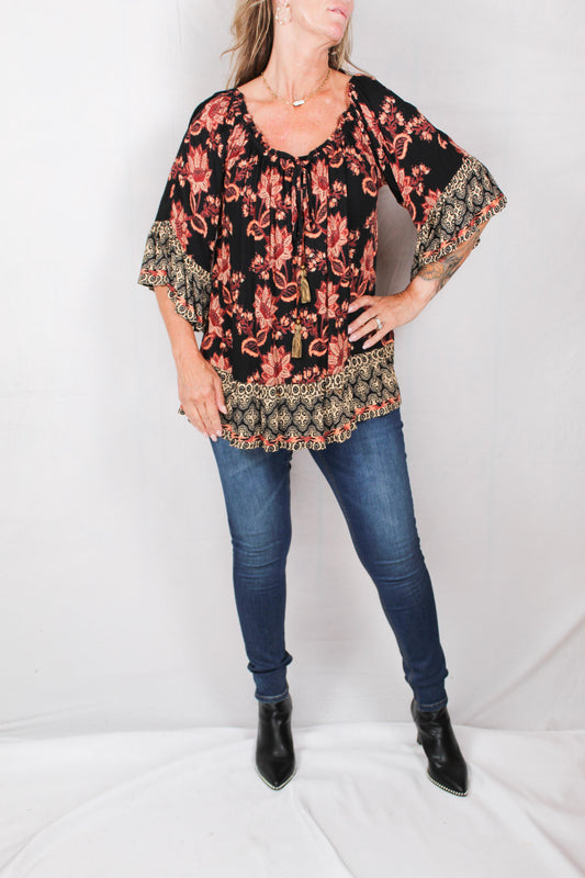 E2T96-A698-B - Black - Peasant Neck 3/4 Sleeve A1579 - Pack