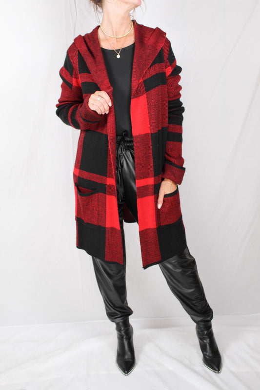 HZ5570-R - Red Combo Hooded Plaid Cardigan A1648 - Pack