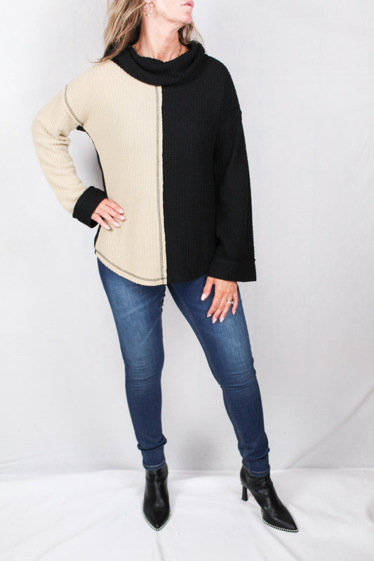 MG740AF67-S - Warm Sand / Black - 3/4 Sleeve Cowl Neck 50/50 Top A2182 - Pack