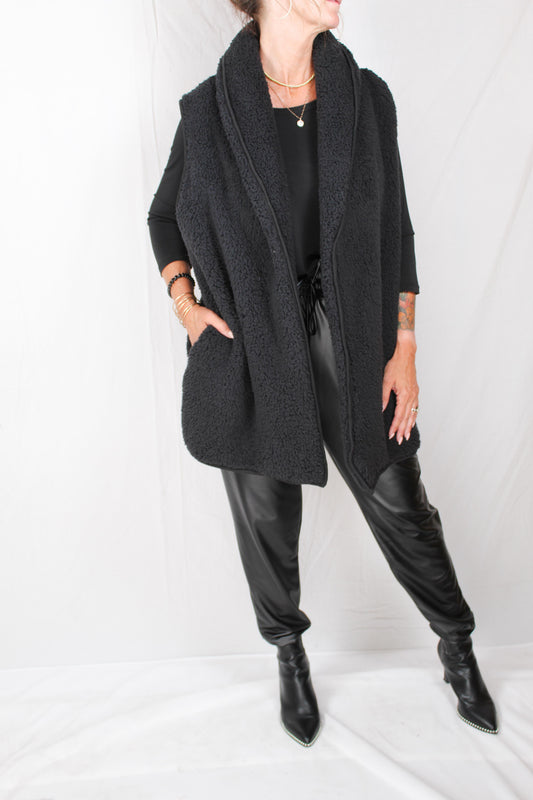 MF695AF79-B - Black - Shawl Collar Open Front Vest w/ Pockets A2183 - Pack