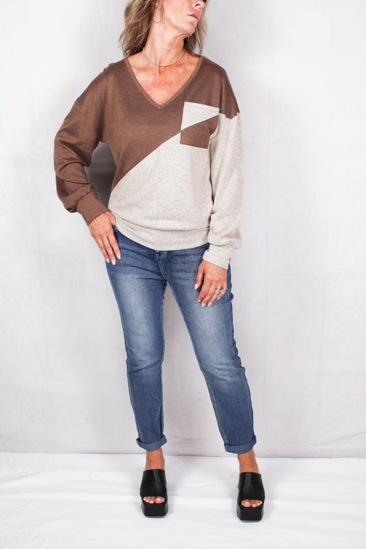 M4912AF75-O - Oatmeal / Brown - Asymmetric Color Black Drop Shoulder Top A2185 - Pack