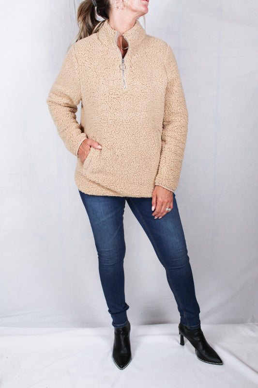 M2735AF79-S - Sesame - L/S Sherpa Half Zip Mock Neck Pullover w/ Pockets A2187 - Pack