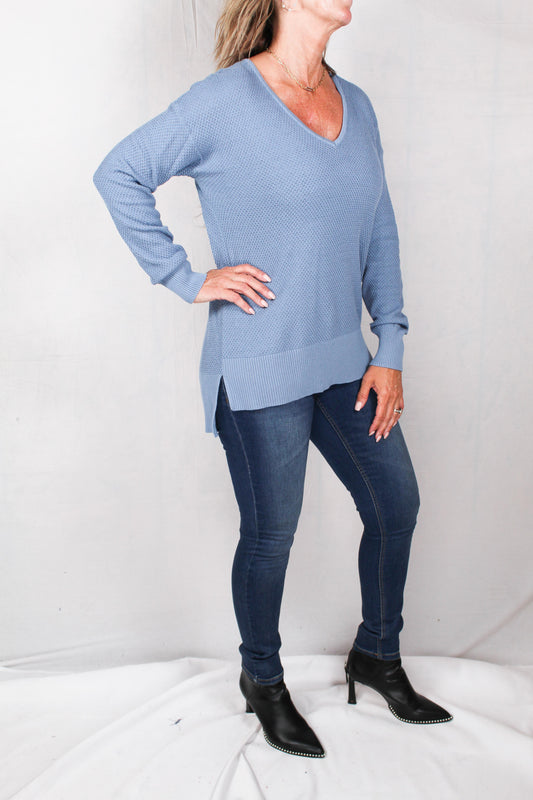 F22150-D - Faded Denim - Baby Waffle V-Neck Sweater A2193 - Pack