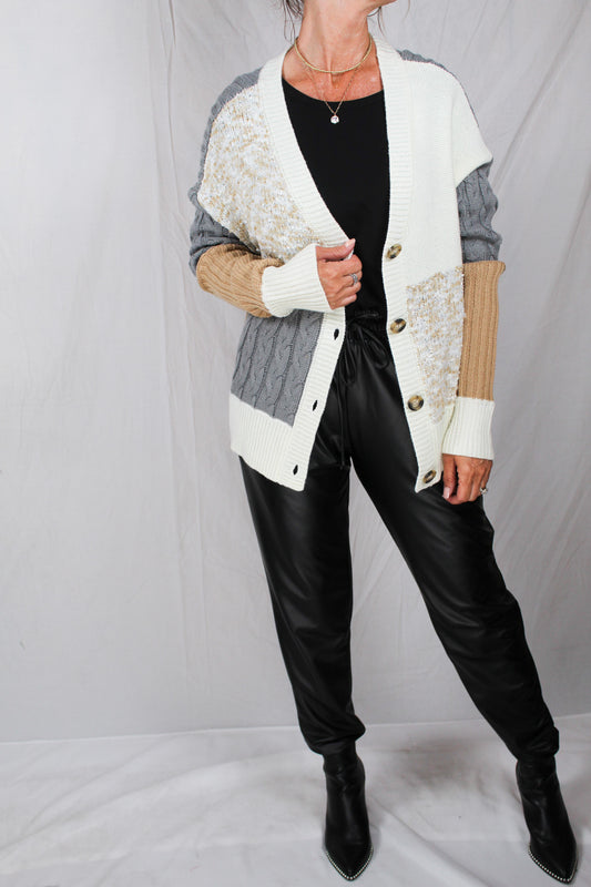 HAE5081-N - Natural - Button Front Mix-Stitch Yarn Cardigan A2208 - Pack