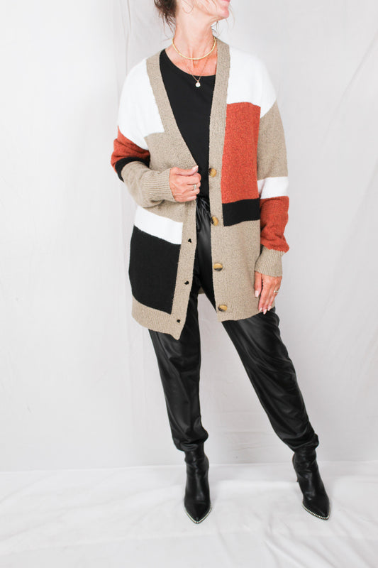 HAE5902-O - Oatmeal Combo - Botton Front Colorblock Cardigan A2209 - Pack