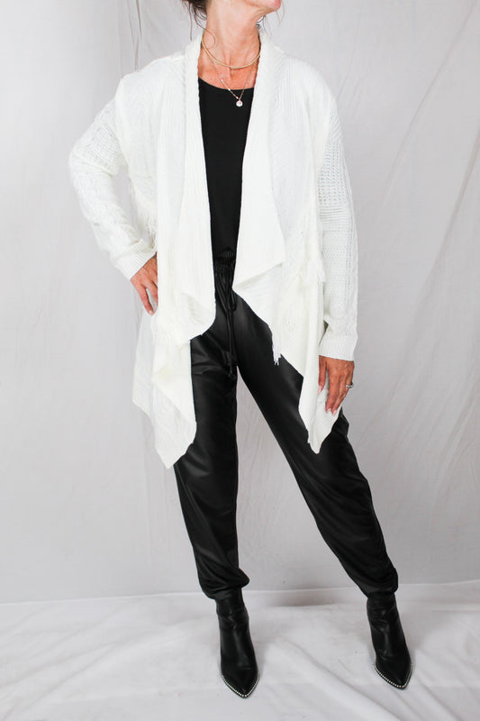 HU9420ST-I - Ivory - Mixed Stitch Cascade Cardigan w/ Fringe A2213 - Pack