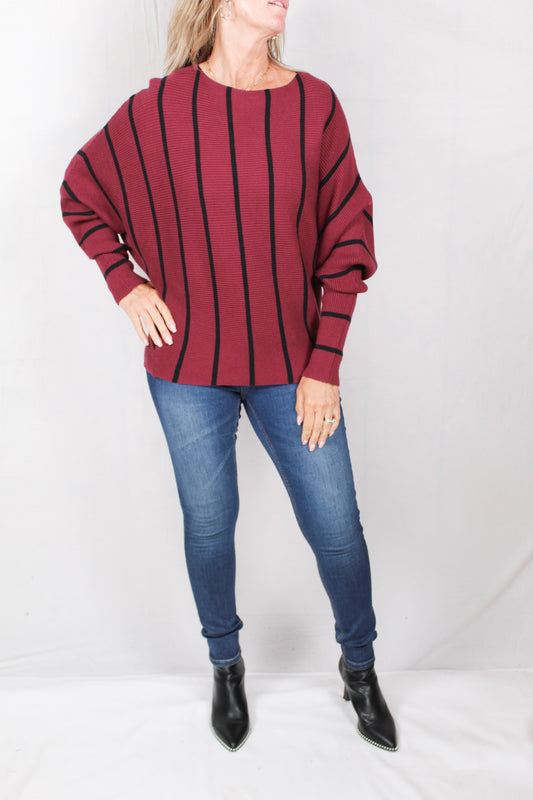 GS02102-BU - Burgandy / Black - Striped Dolman Sweater A2214 - Pack
