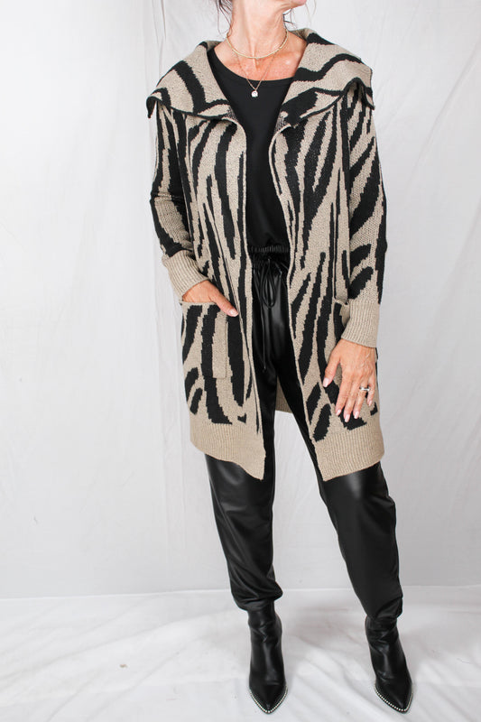 GS02019-T - Tan/Black/Animal - Jacquard Sweater Coat / Cardigan A2224 - Pack