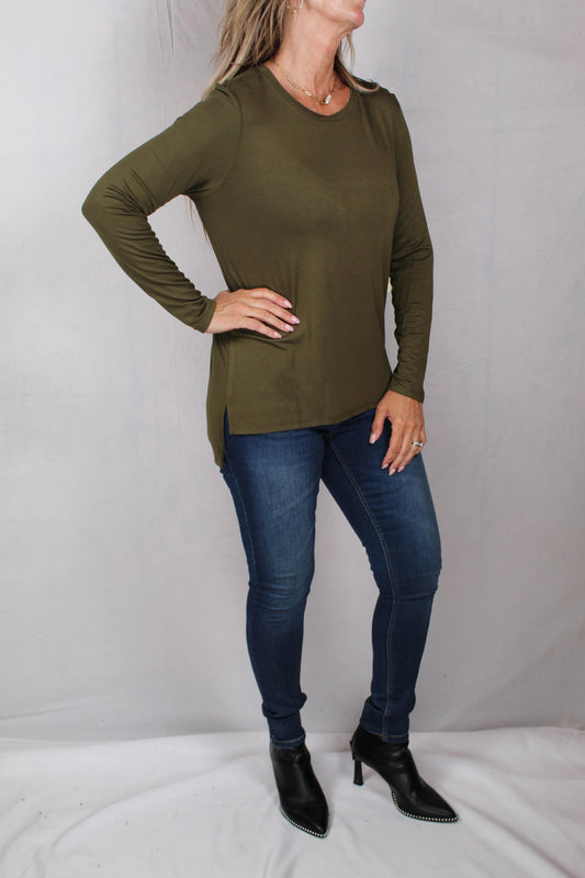 K502206-O - Olive - Long Sleeve Crew Neck High/Low Hem A2245 - Pack