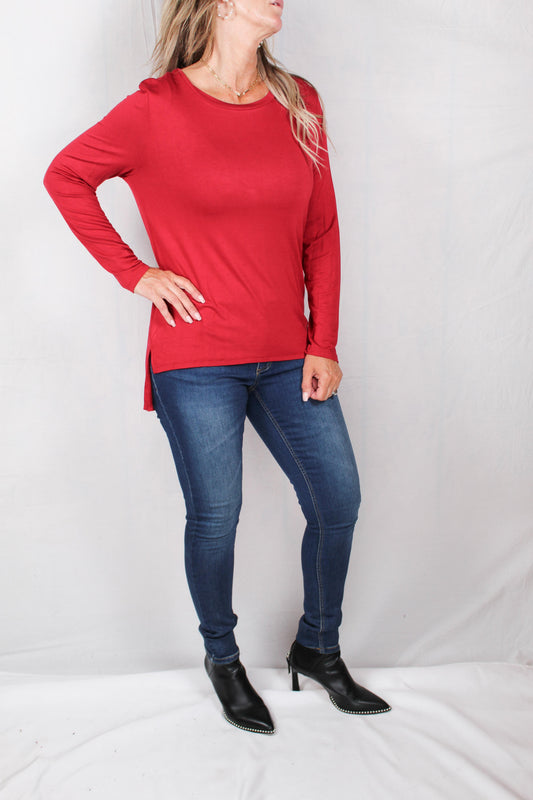 K502206-GA - Garnet - Long Sleeve Crew Neck High/Low Hem Top A2247 - Pack