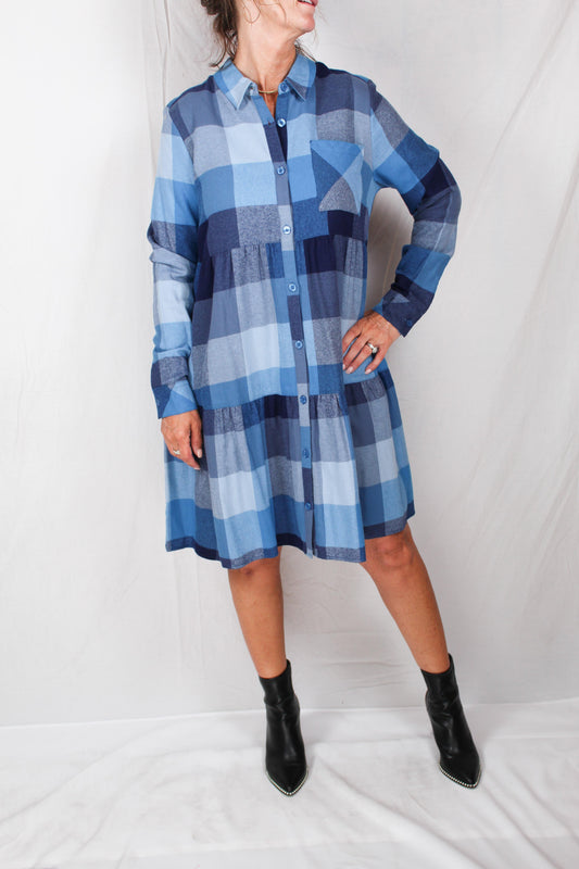 BDMD027-B - Blue - Long Sleeve Button Up Plaid Shirt Dress A2270 - Pack