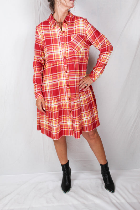 BDMD027-R - Red - Long Sleeve Button Up Plaid Shirt Dress A2271 - Pack