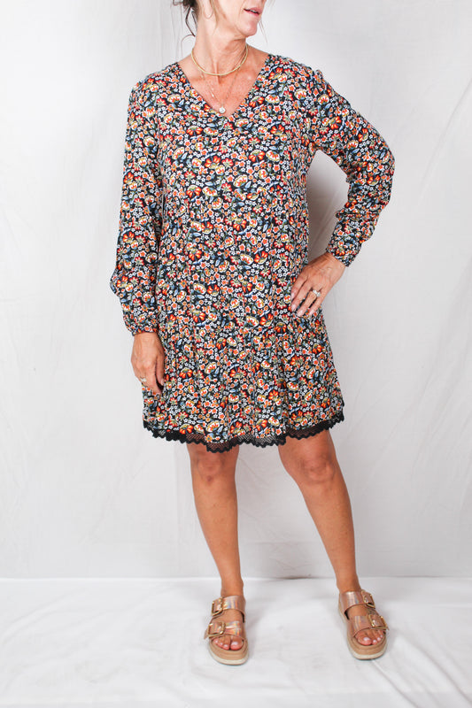 BDMD025-B - Black - Balloon Sleeve Tiered Long Sleeve Dress A2272 - Pack