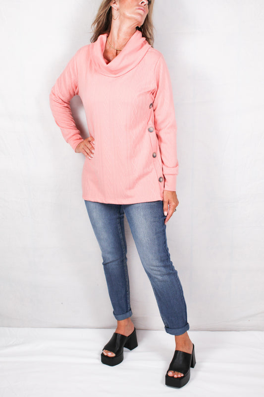 FM35803-P - Peach (H) - Long Sleeve Cowl Neck Top With Side Seam Buttons A2311 - Pack