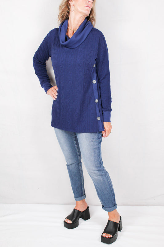 FM35803-N - Navy (J) - Long Sleeve Cowl Neck Top With Side Seam Buttons A2312 - Pack