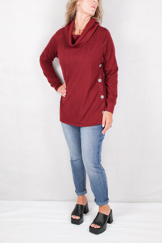 FM35803-W - Wine (D) - Long Sleeve Cowl Neck Top With Side Seam Buttons A2313 - Pack