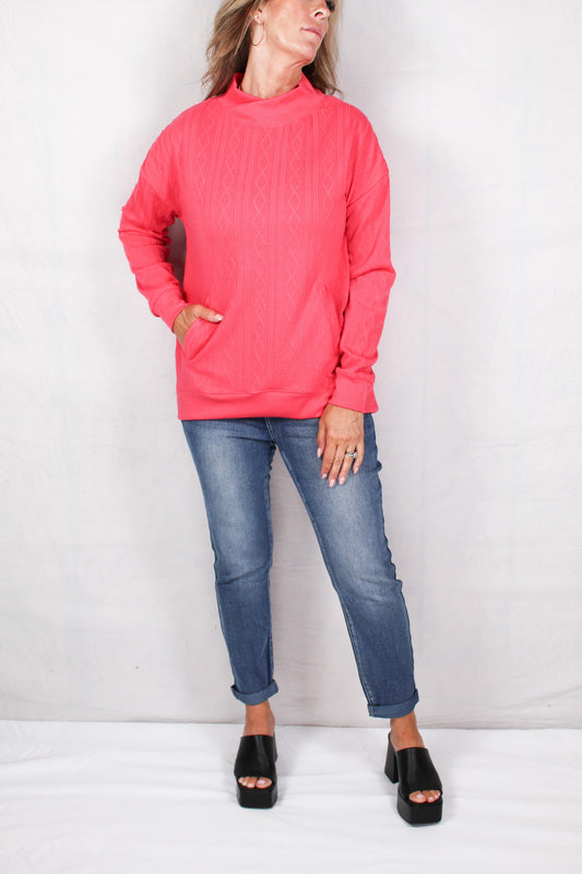 FM35805-P - Pink (H) - Long Sleeve Drop Shoulder Crossover Neck Top With Pockets A2315 - Pack