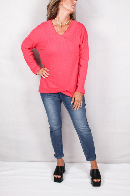 FM35807-P - Pink (H) - Long Sleeve V-Neck Crossover Hem Top A2320 - Pack