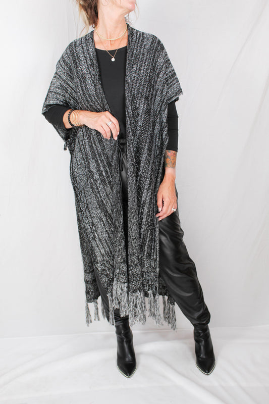 SWR-1896-B - Black - Woven Ruana w/ Fringe A2337 - Pack