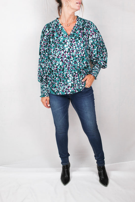ST81506I4-D - Deep Lake Multi - Rucho Button Sleeve Floral Blouse A2360 - Pack