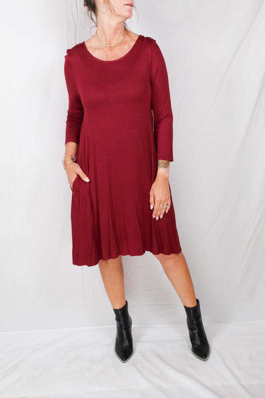 D4722M-W - Wine - 2 Pocket 3/4 Sleeve Aline Dress A2399 - Pack