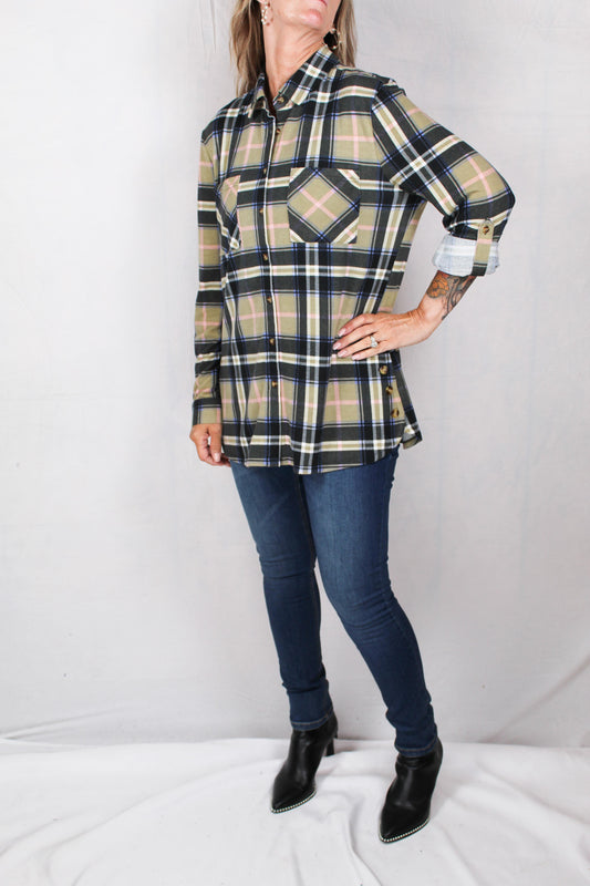 PL1986-S - Sage / Black / Blush - Button Up Pocket Flannel A2411 - Pack