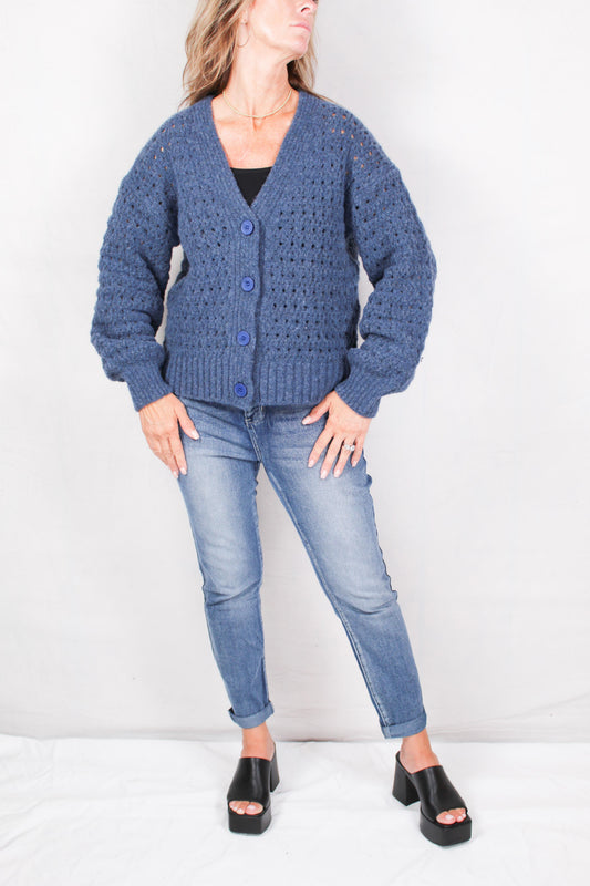 NS1208-I - Indigo - V-Neck POintelle Cardigan A2668 - Pack