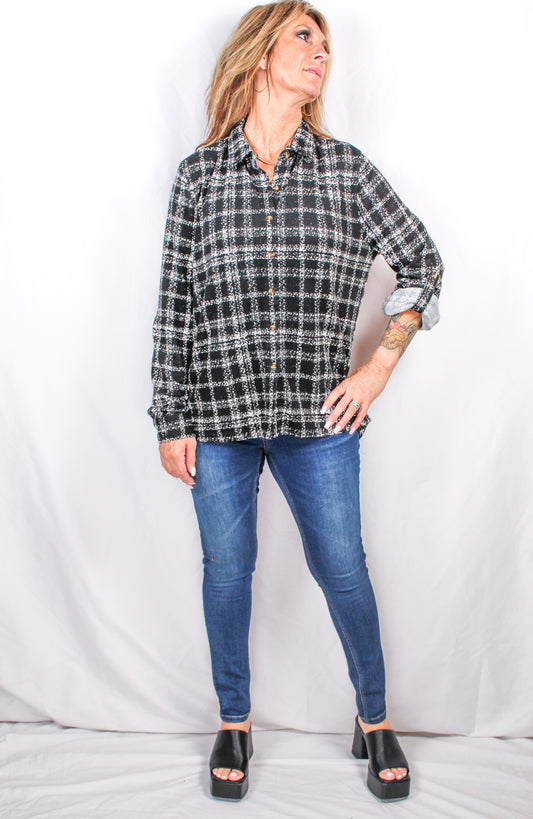 PL1985N-BW - Black/White - Button Front and Back Plaid Long Sleeve Shirt A2672 - Pack