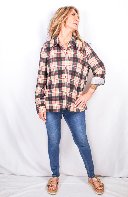 PL1985N-BK - Black/Khaki - Button Front and Back Plaid Long Sleeve Shirt A2673 - Pack