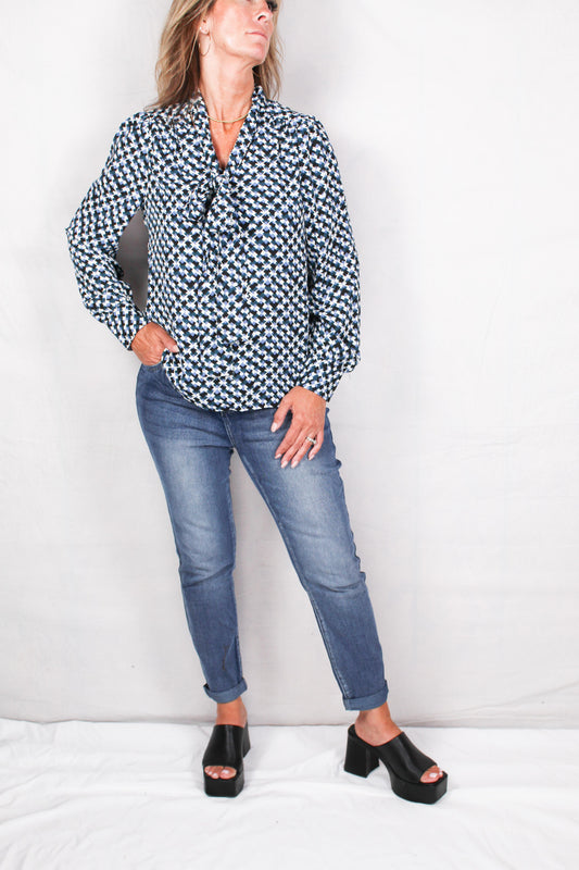 MT8150904-W - White/Teal/Black - Long Sleeve Printed Blouse w/ Bow A2691 - Pack