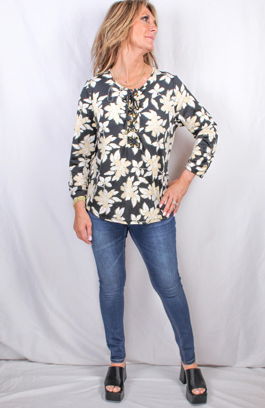 SK3986-B - Black/Oatmeal - Floral Lace Up Blouse A2719 - Pack