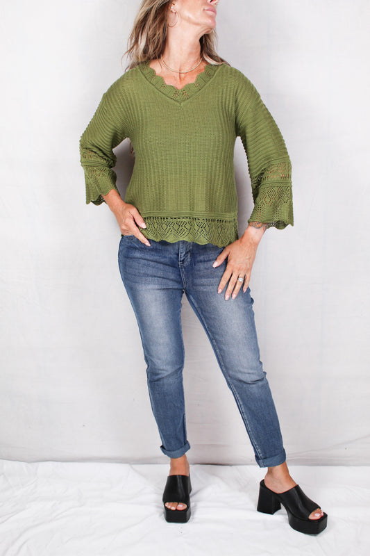 GS00581-O - Olive - V-Neck 3/4 Sleeve Sweater A2723 - Pack