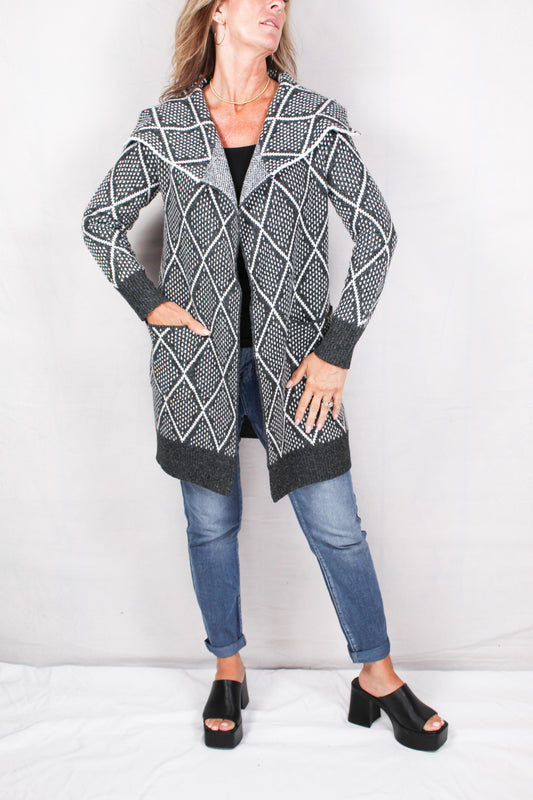 GS02019-C - Charcoal/White - Jacquard Sweater Coat A2724 - Pack
