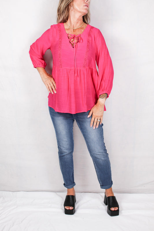 LB3686-P - Pink Peacock - 3/4 Sleeve Tie Neck Blouse A2736 - Pack