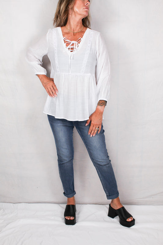 LB3686-W - White - 3/4 Sleeve Tie Neck Blouse A2737 - Pack