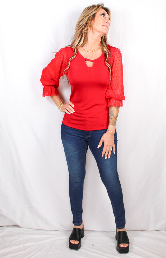 MH046CG96-C - Chinese Red - Mix Media Sheer Sleeve Top A2785 - Pack