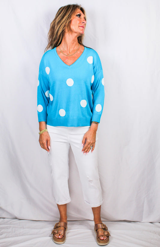 NS1417-T - Turquoise / White - V-Neck Dot Sweater A2910 - Pack