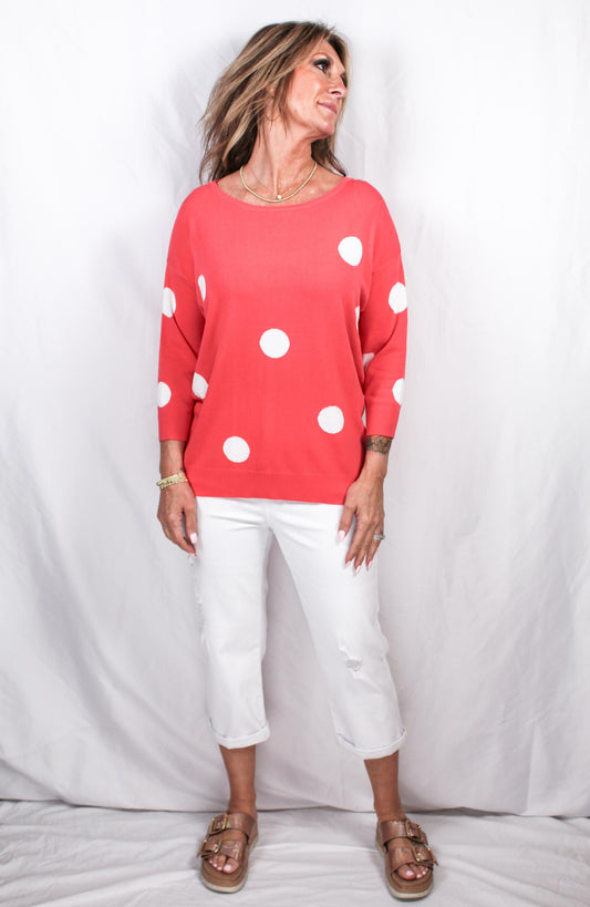 NS1414-C - Coral / White - Boat Neck Dot Sweater A2911 - Pack