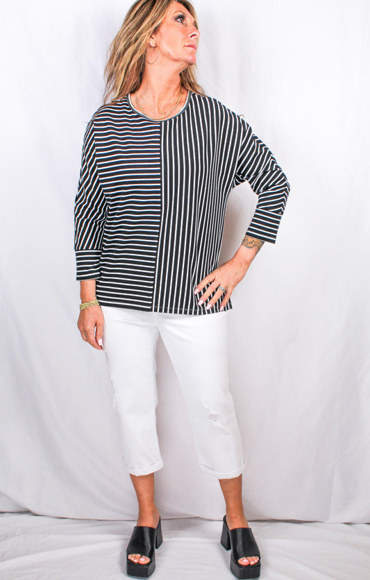 NK1252-B - Black/White - Stripe 3/4 Sleeve Top A2941 - Pack