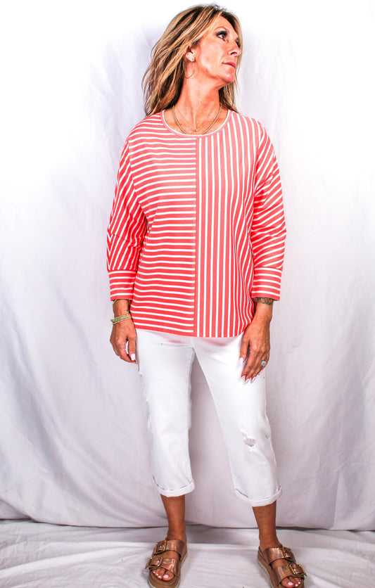 NK1252-C - Coral/White - Stripe 3/4 Sleeve Top A2943 - Pack