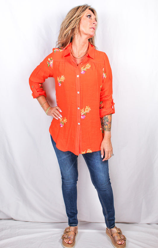 MAX114E12-O - Orange - Button Front 3/4 Roll Up Sleeve Blouse A3088 - Pack