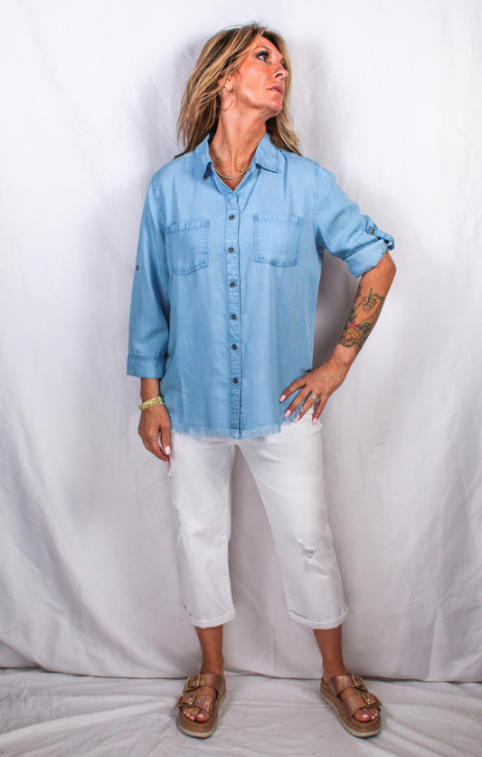 T429-LB - Medium Blue - Frayed Button Front Tencil Shirt Two Pocket A3110 - Pack