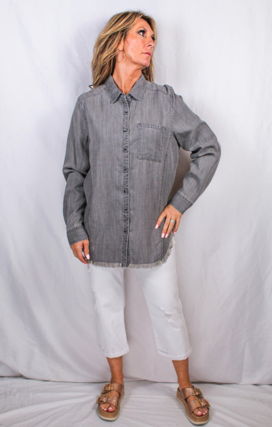 T187-M - Medium Grey - 1 Pocket Fringe Bottom Tencil Shirt A3112 - Pack
