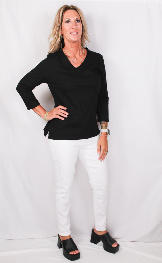 N14304-B - Black - 3/4 Sleeve Ruffle Neck Tee A3137 - Pack